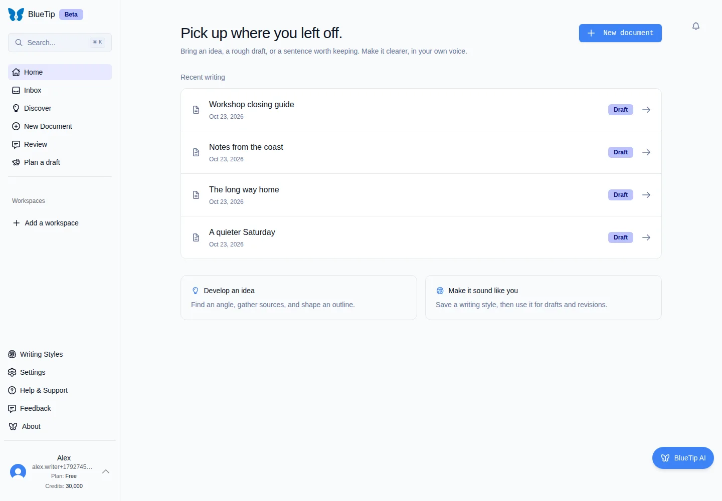 BlueTip writing app interface