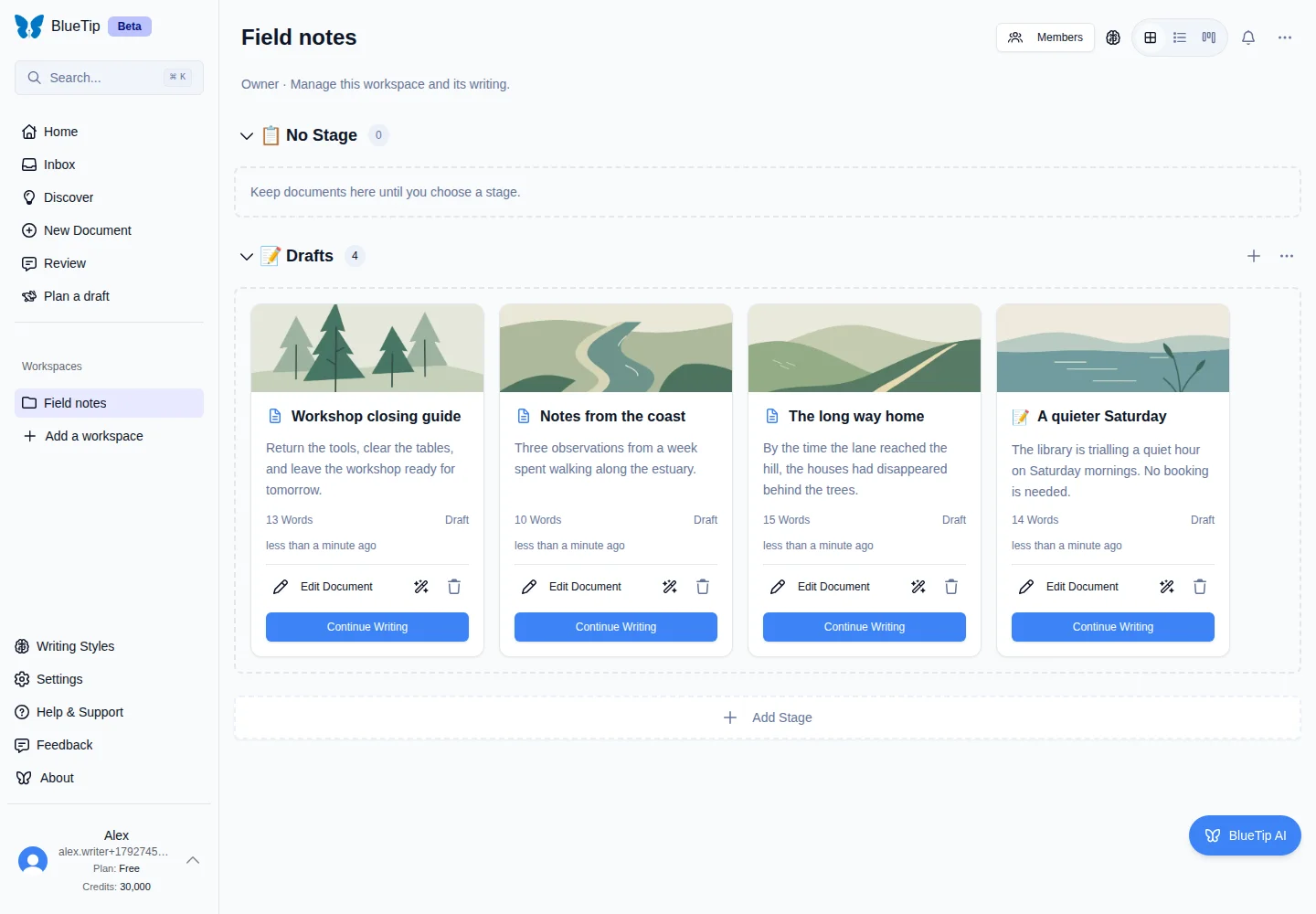 BlueTip Workspace - organized project with lanes and sections for any workflow